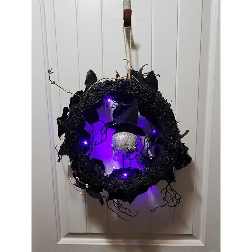Halloween Purple LED Black Grapevine Wreath Silver Skull Flowers Branches 16